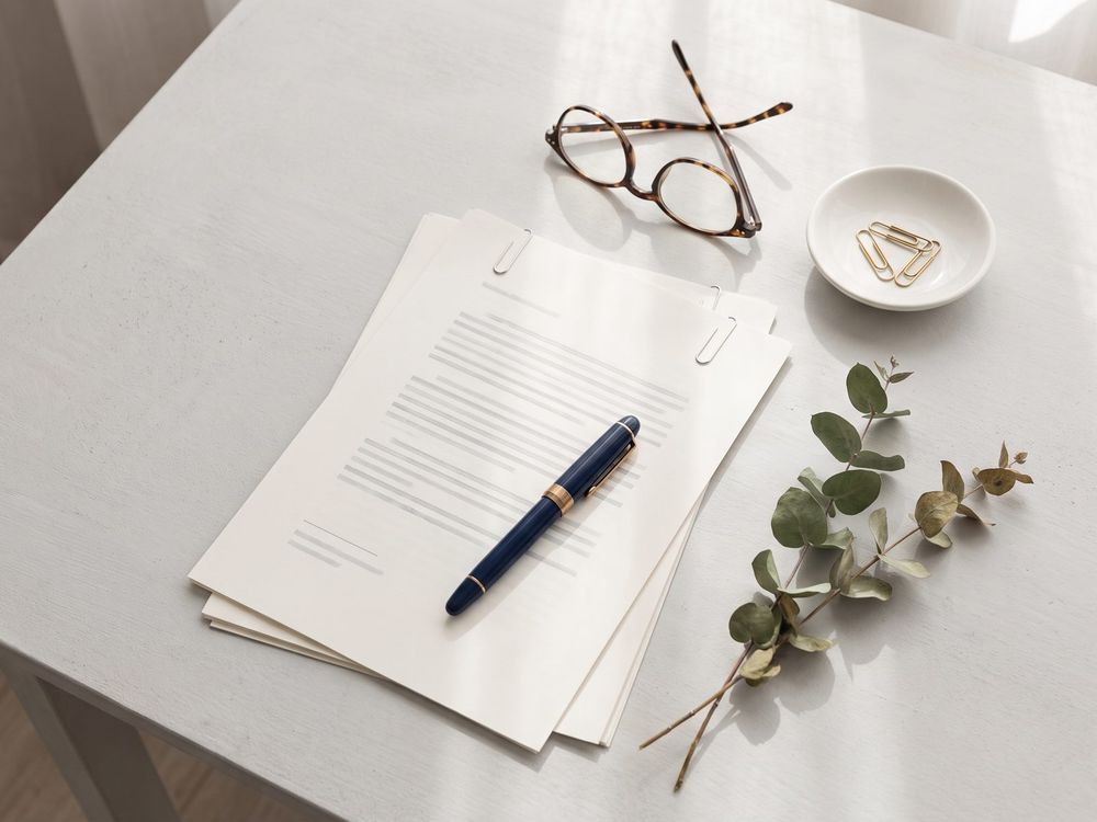 A tidy desk with neatly stacked papers, a navy fountain pen and a pair of reading glasses