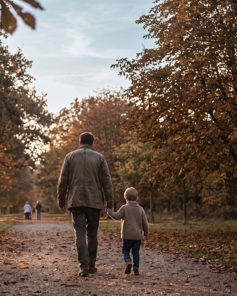 An adult and a young child, seen from behind, walking hand in hand along a tree-lined park path in autumn