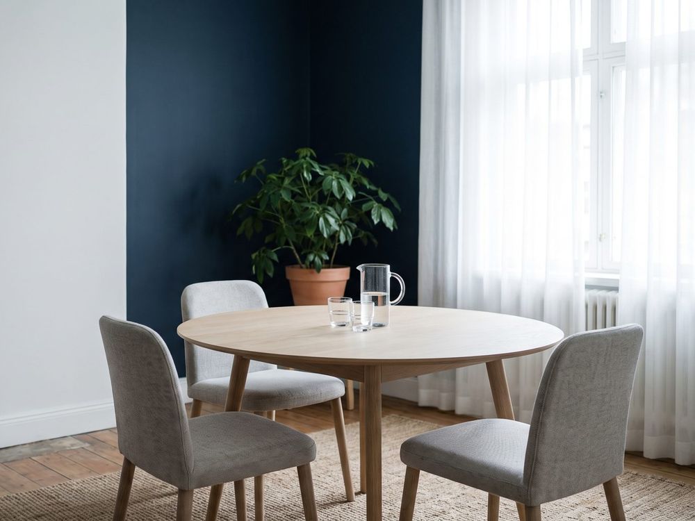 A calm, light consultation room with a round wooden table, three chairs, a jug of water and a plant