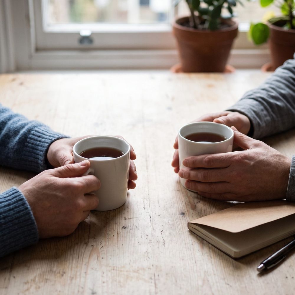 Two people sitting across a wooden table from each other, each holding a mug of tea